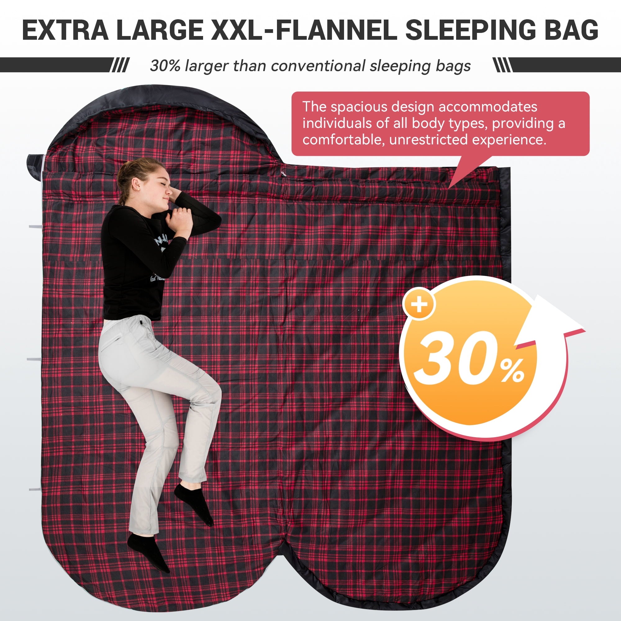 KingCamp XL Cotton Flannel Sleeping Bags, Oversized Weatherproof 3-Season Sleep bag with hood for Camping & Hiking & Backpacking, 17.6℉-54℉ (Black)