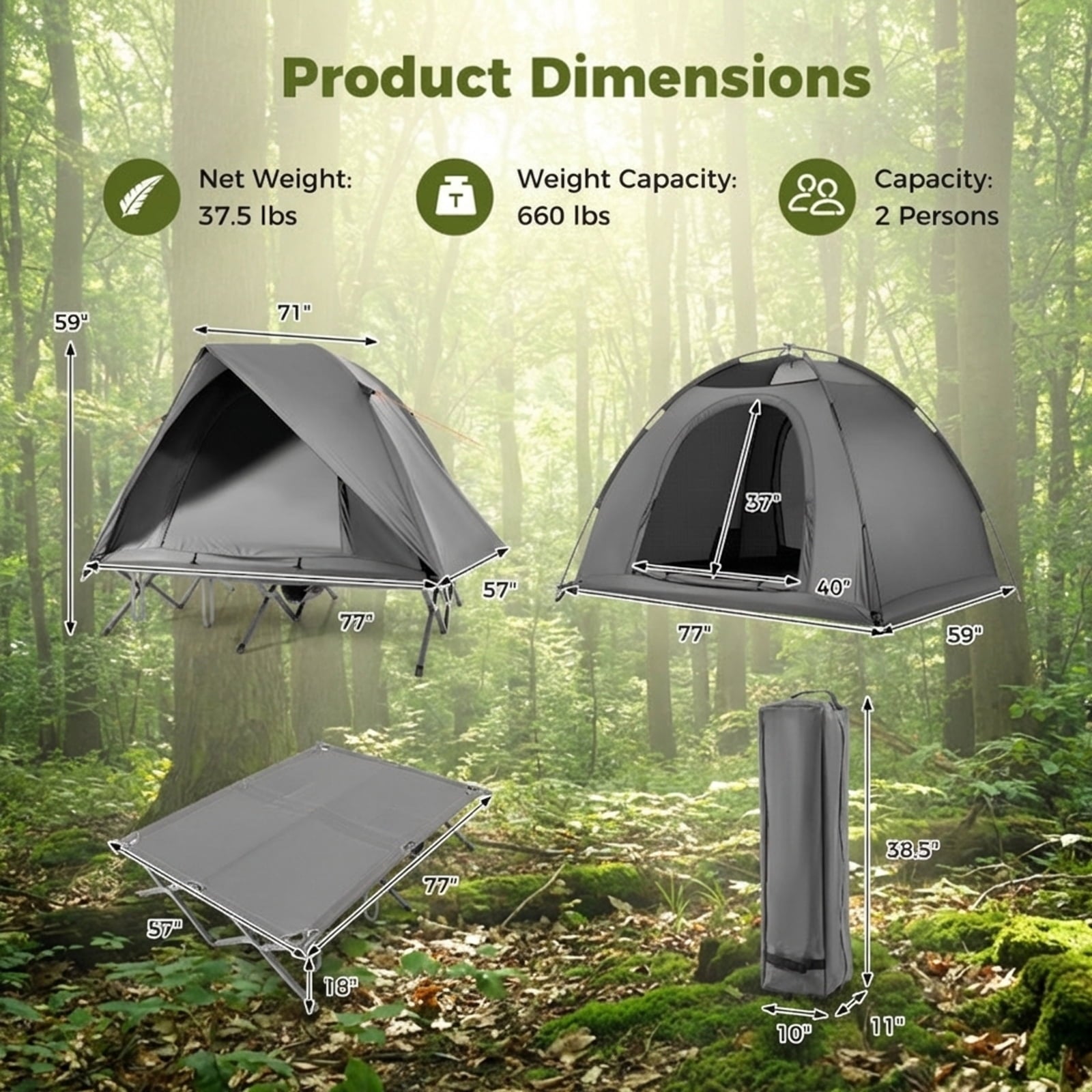Biotree 2-Person Foldable Off-Ground Camping Cot Tent with Pop Up Shelter and Wheeled Carry Bag, Gray