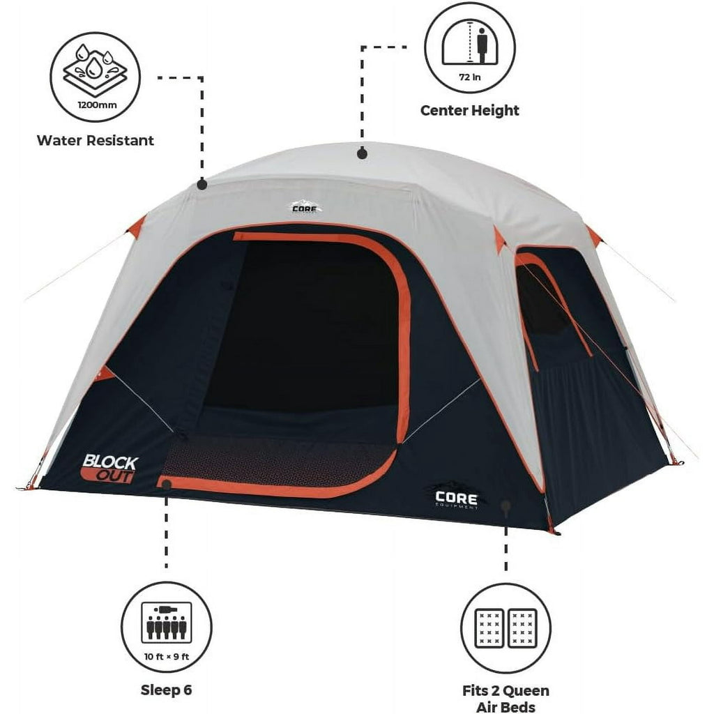 CORE 10' x 9' 6 Person Blockout Dome Camping Tent, 21lbs