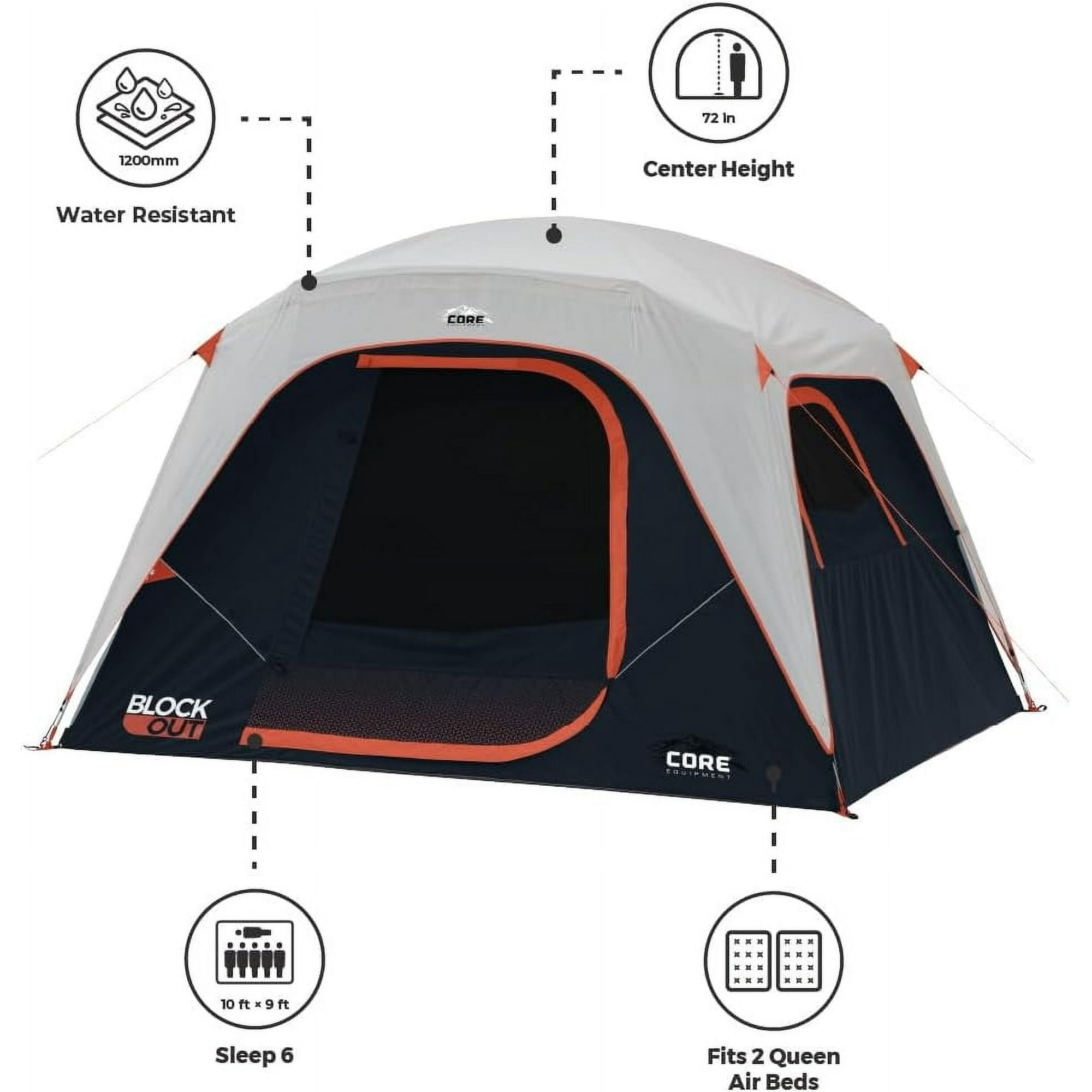 CORE 10' x 9' 6 Person Blockout Dome Camping Tent, 21lbs