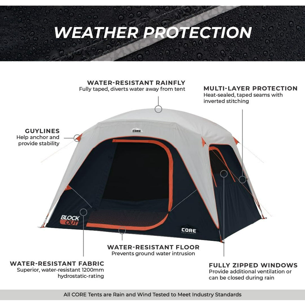 CORE 10' x 9' 6 Person Blockout Dome Camping Tent, 21lbs