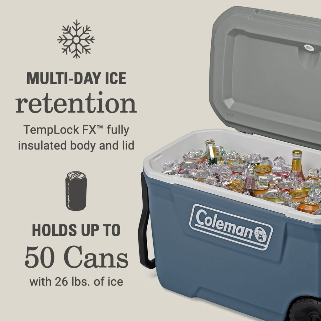 Coleman Classic 62 QT Hard-Sided Ice Chest Cooler with Wheels, Lakeside Blue