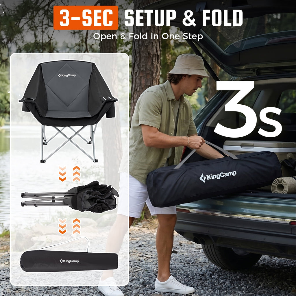 KingCamp Padded Camping Chairs for Adults, Oversized Folding Camping Chair, Heavy Duty Folding Round Camping Chair, Black Dark Grey