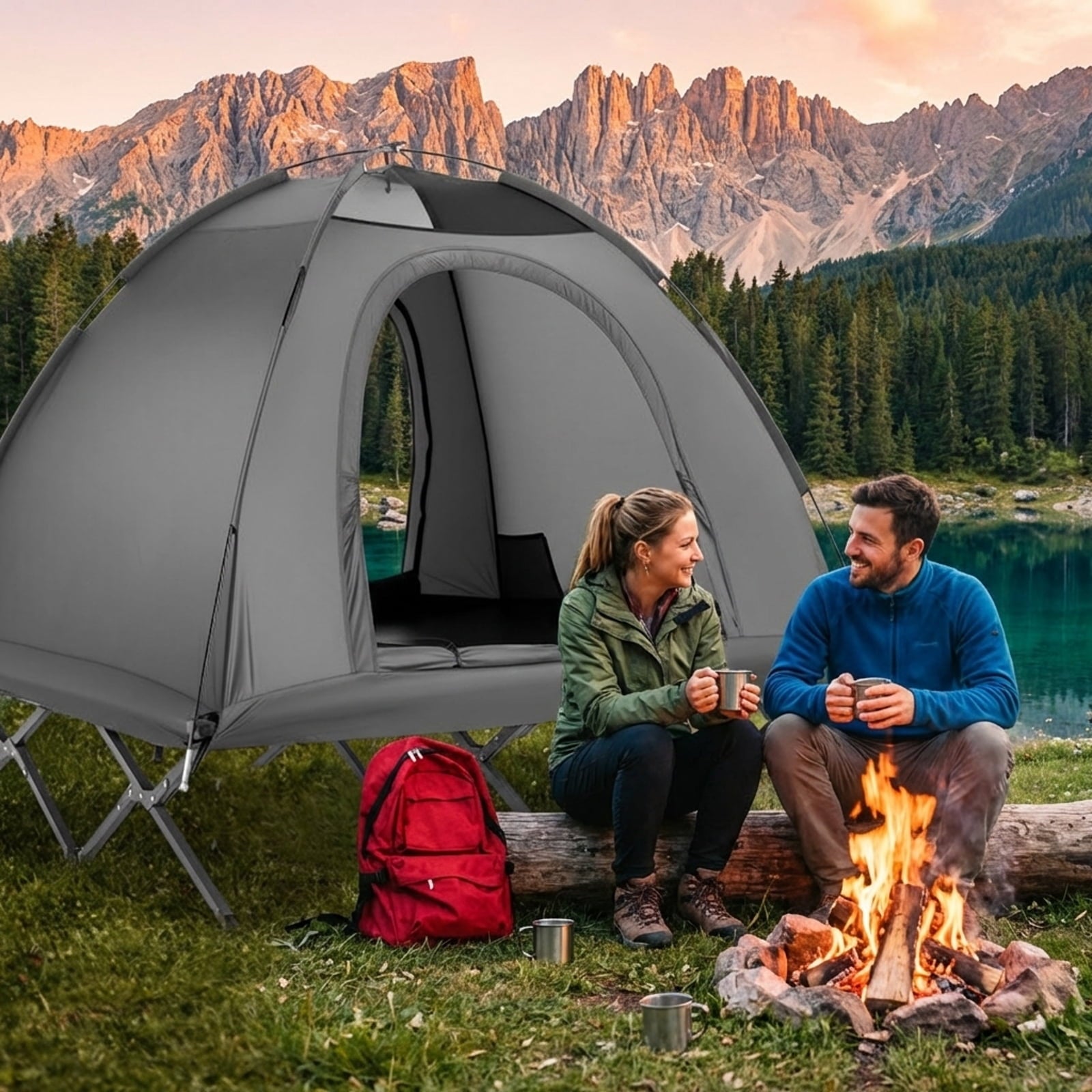 Biotree 2-Person Foldable Off-Ground Camping Cot Tent with Pop Up Shelter and Wheeled Carry Bag, Gray