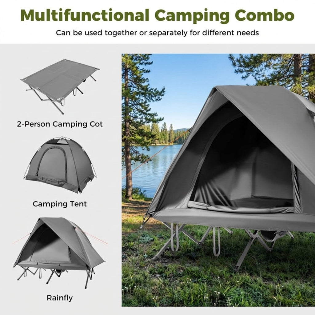 Biotree 2-Person Foldable Off-Ground Camping Cot Tent with Pop Up Shelter and Wheeled Carry Bag, Gray