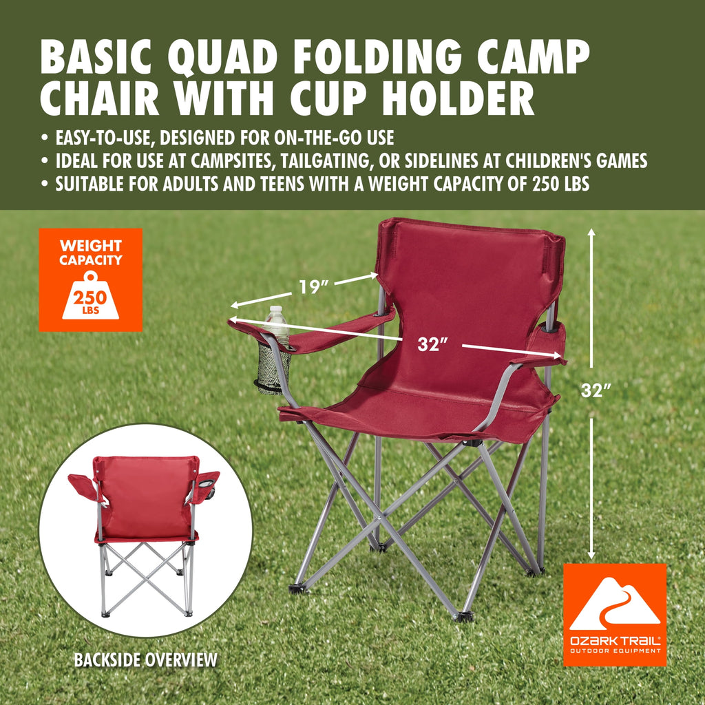 Ozark Trail Quad Folding Camp Chair with Cup Holder, Red