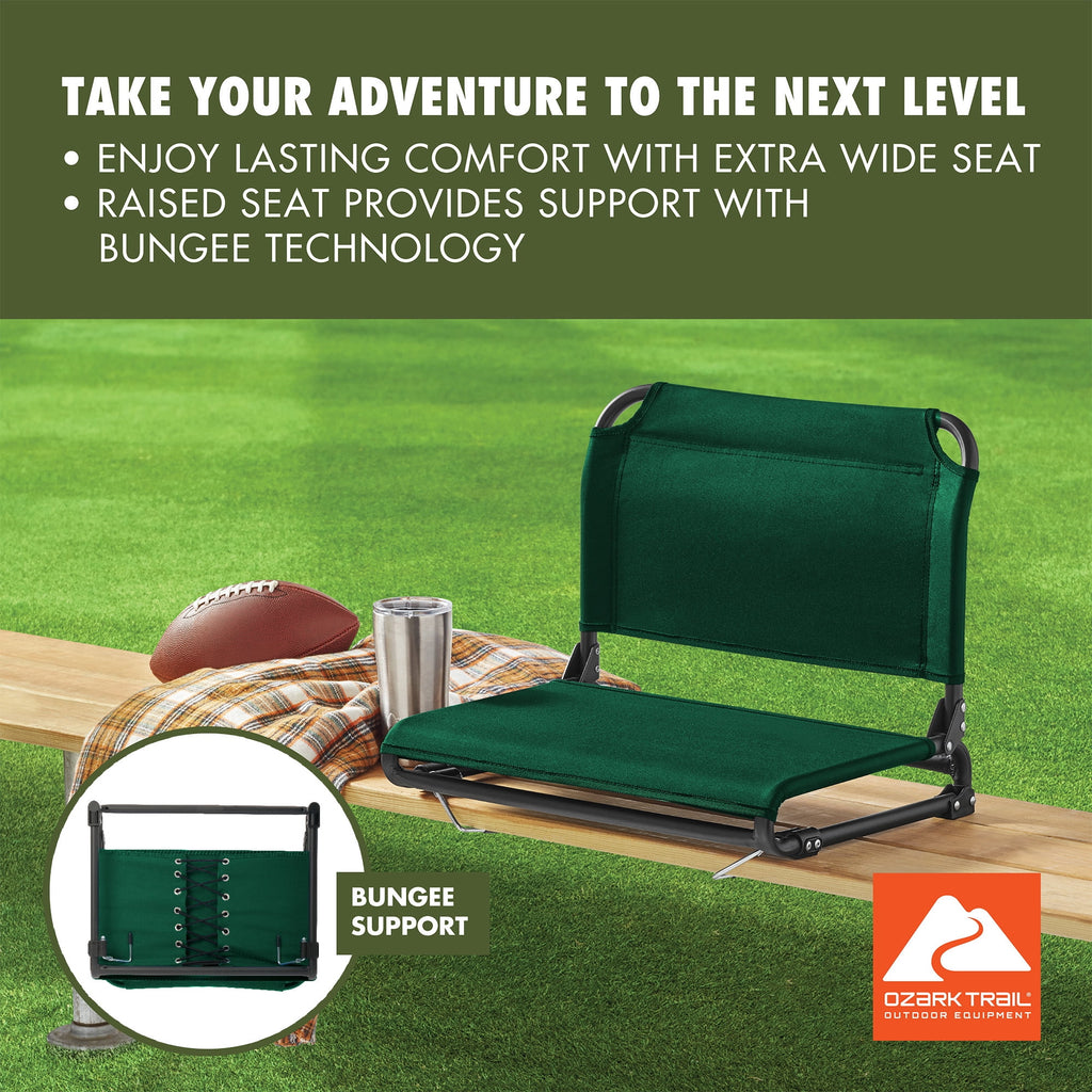 Ozark Trail Extra-Wide Dark Green Stadium Seat with Bleacher Hooks and Bungee Comfort