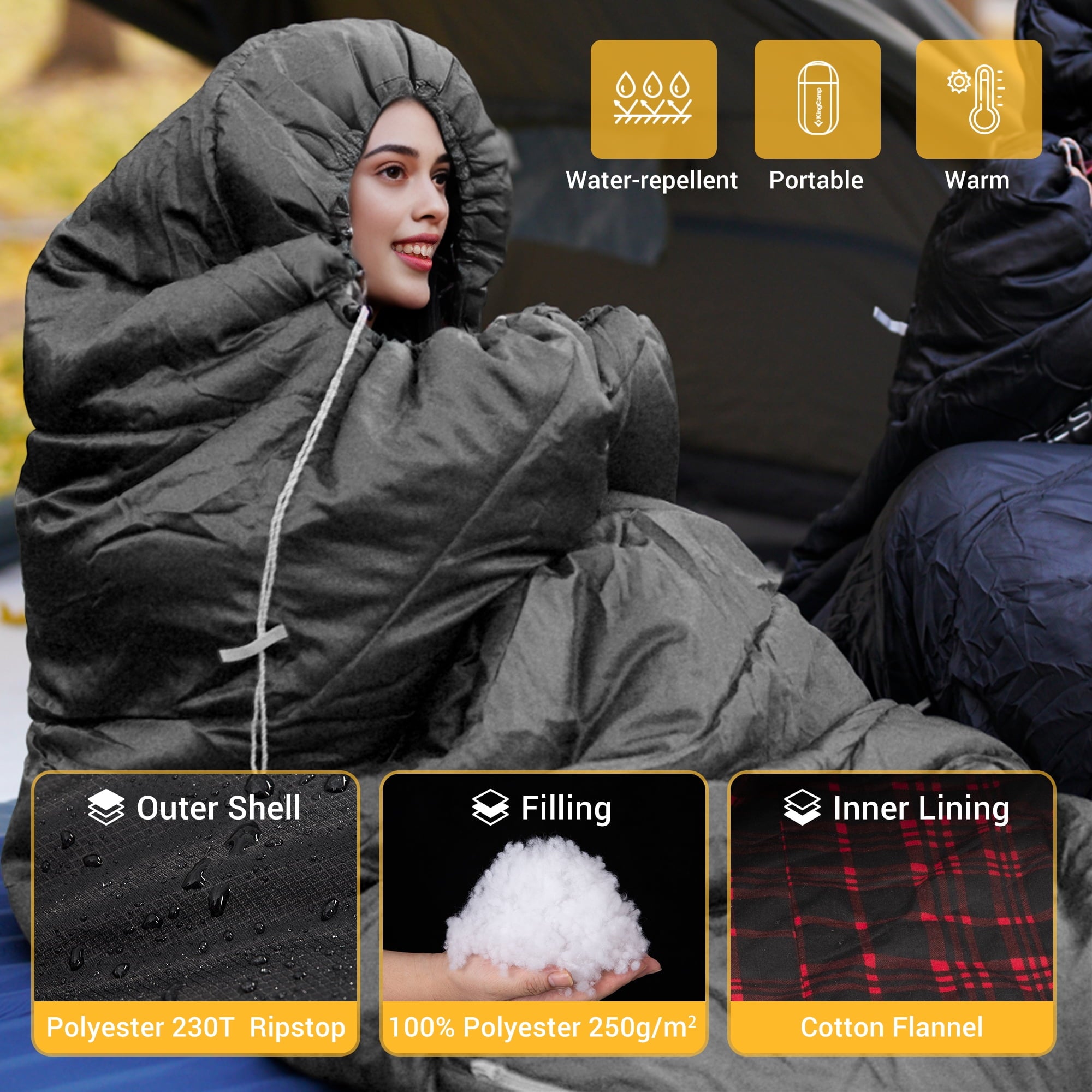 KingCamp XL Cotton Flannel Sleeping Bags, Oversized Weatherproof 3-Season Sleep bag with hood for Camping & Hiking & Backpacking, 17.6℉-54℉ (Black)