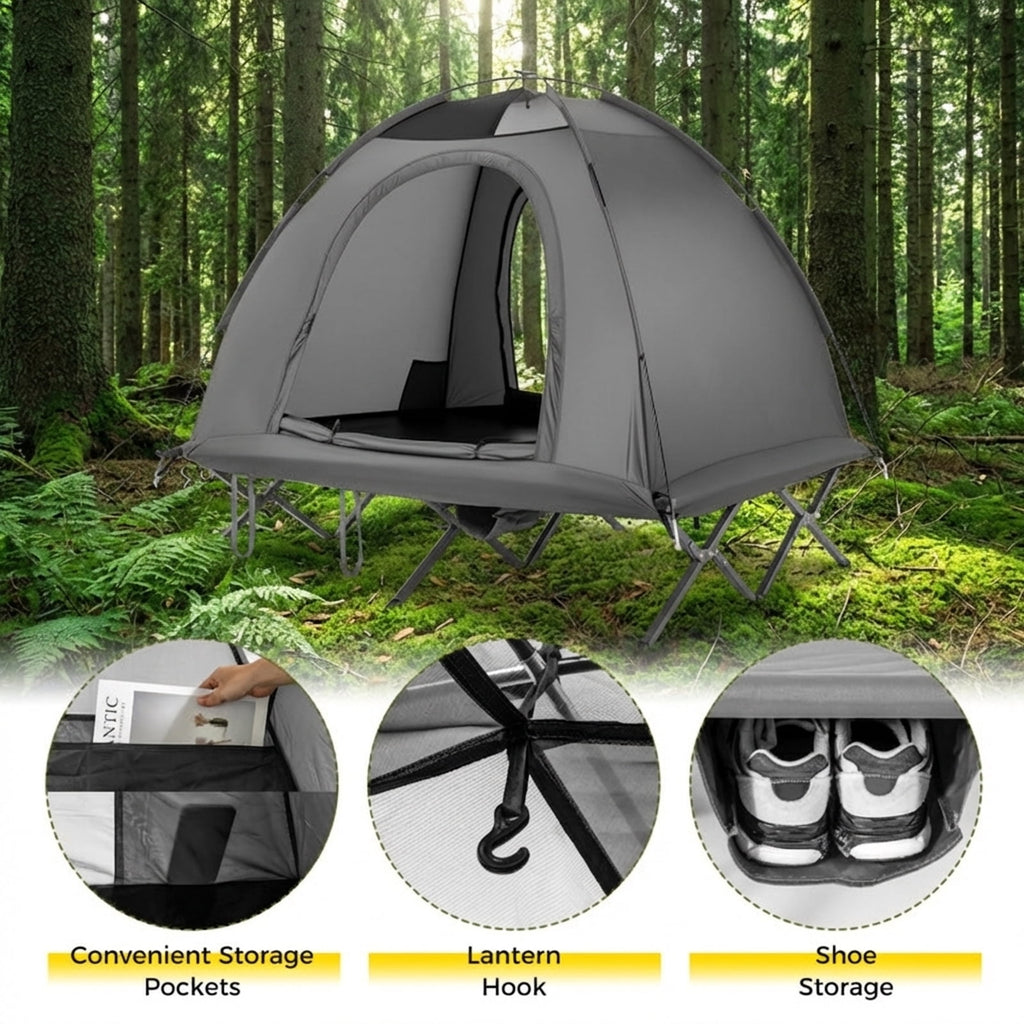 Biotree 2-Person Foldable Off-Ground Camping Cot Tent with Pop Up Shelter and Wheeled Carry Bag, Gray