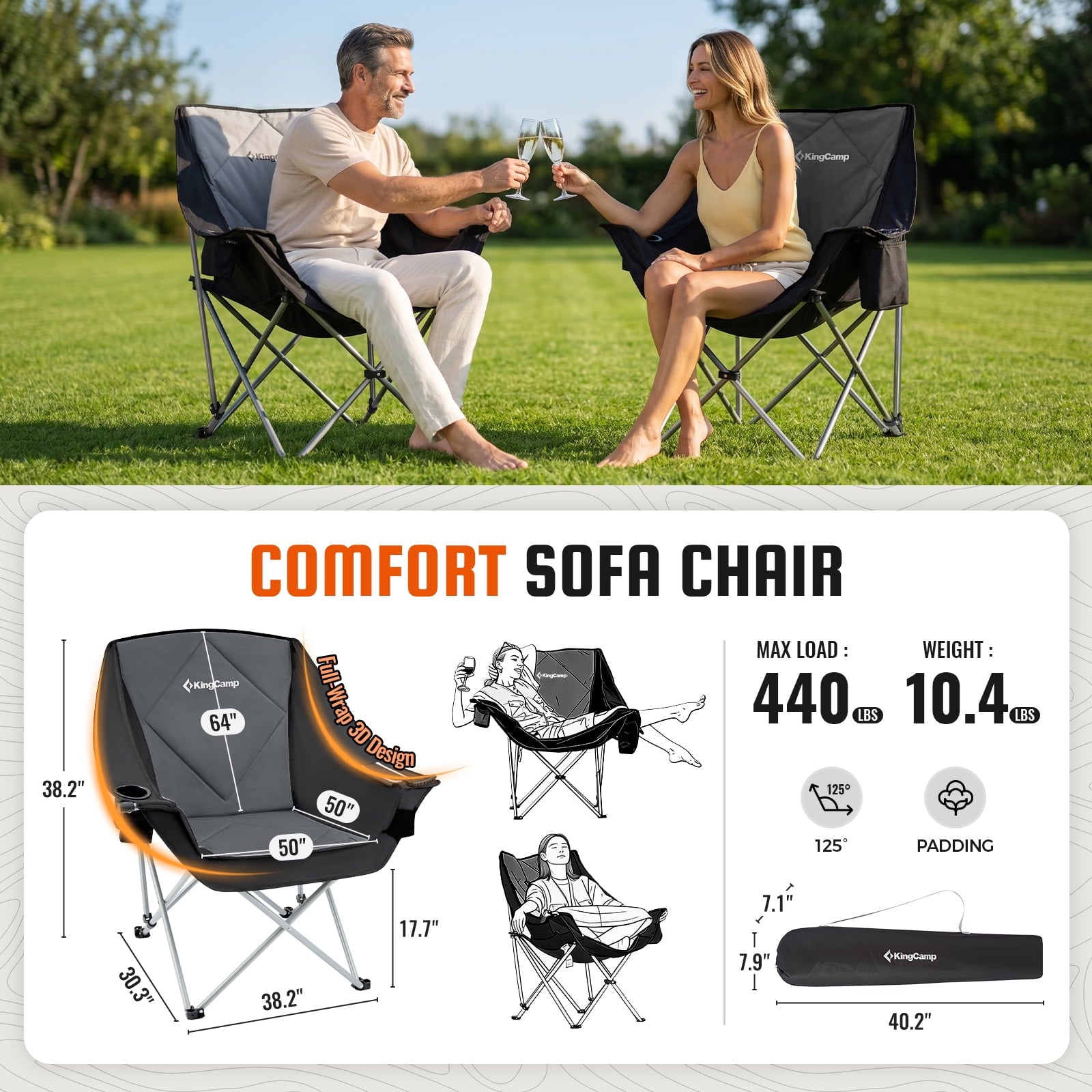 KingCamp Padded Camping Chairs for Adults, Oversized Folding Camping Chair, Heavy Duty Folding Round Camping Chair, Black Dark Grey