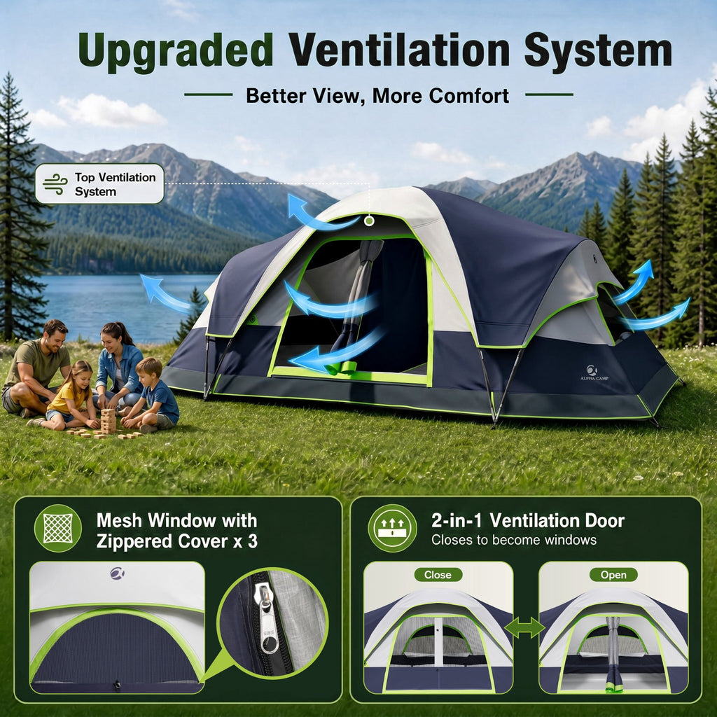 Sophia & William 10 Person Camping Tent 18x9ft Cabin Tent with Removable Divider and Mesh Screen Windows, Blue