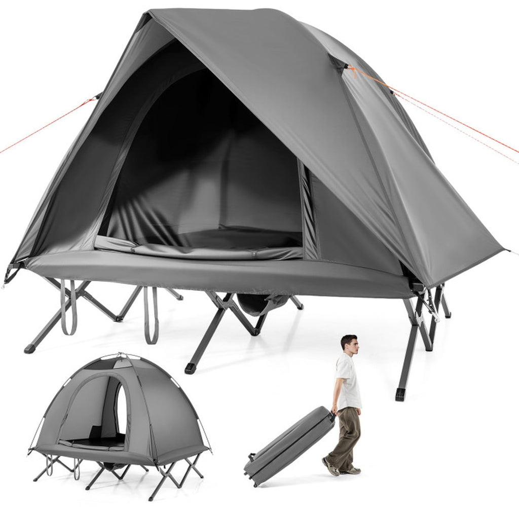 Biotree 2-Person Foldable Off-Ground Camping Cot Tent with Pop Up Shelter and Wheeled Carry Bag, Gray
