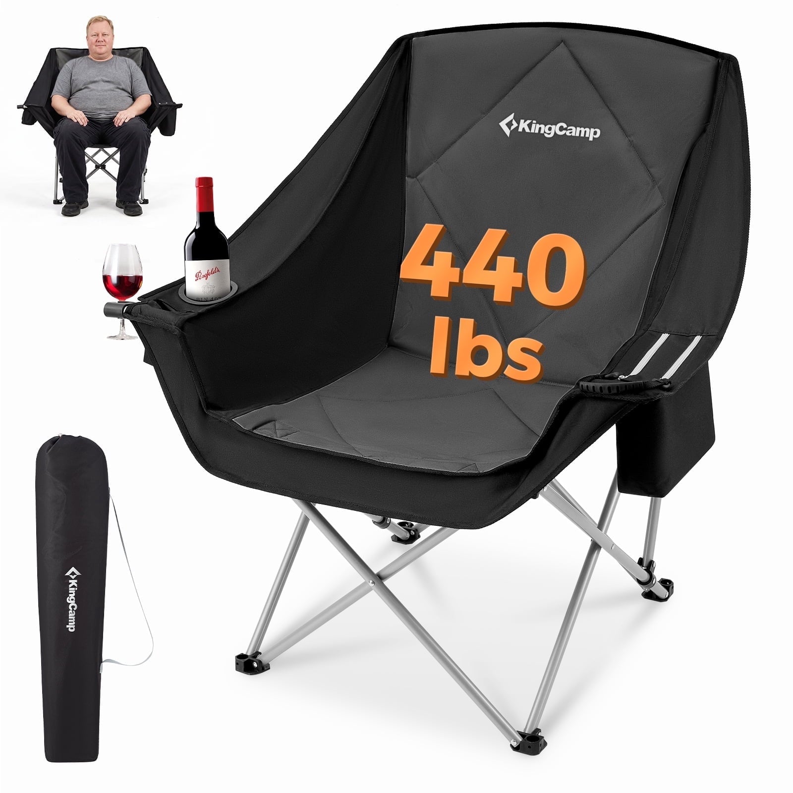 KingCamp Padded Camping Chairs for Adults, Oversized Folding Camping Chair, Heavy Duty Folding Round Camping Chair, Black Dark Grey