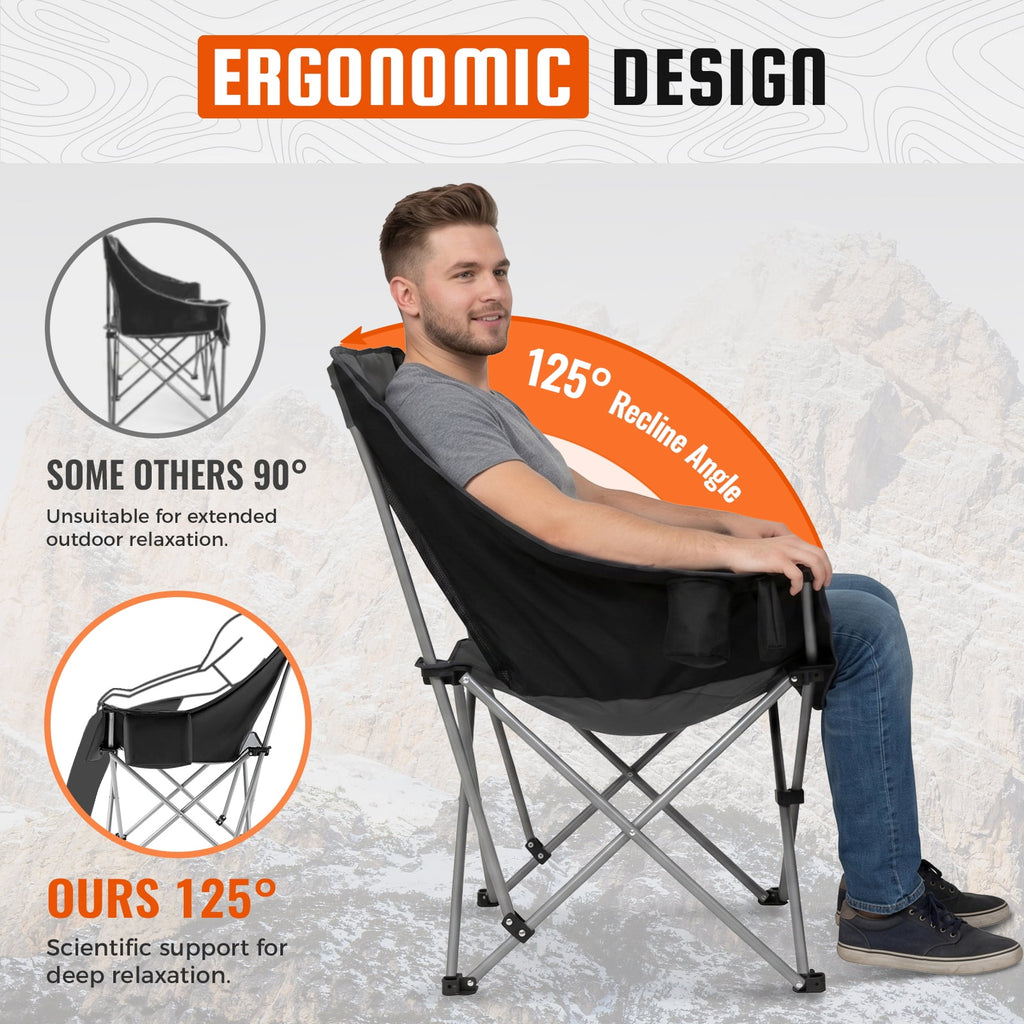 KingCamp Padded Camping Chairs for Adults, Oversized Folding Camping Chair, Heavy Duty Folding Round Camping Chair, Black Dark Grey
