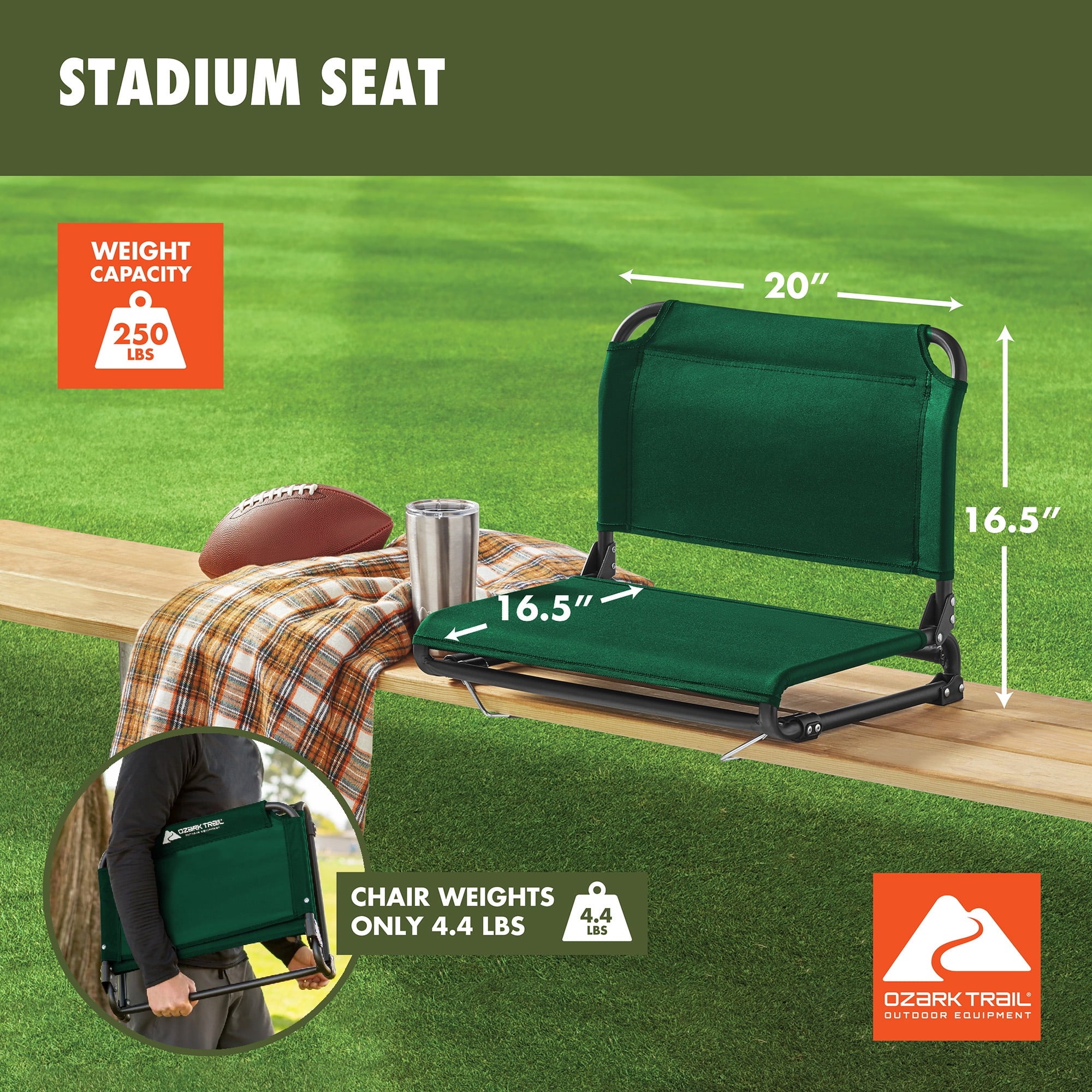 Ozark Trail Extra-Wide Dark Green Stadium Seat with Bleacher Hooks and Bungee Comfort