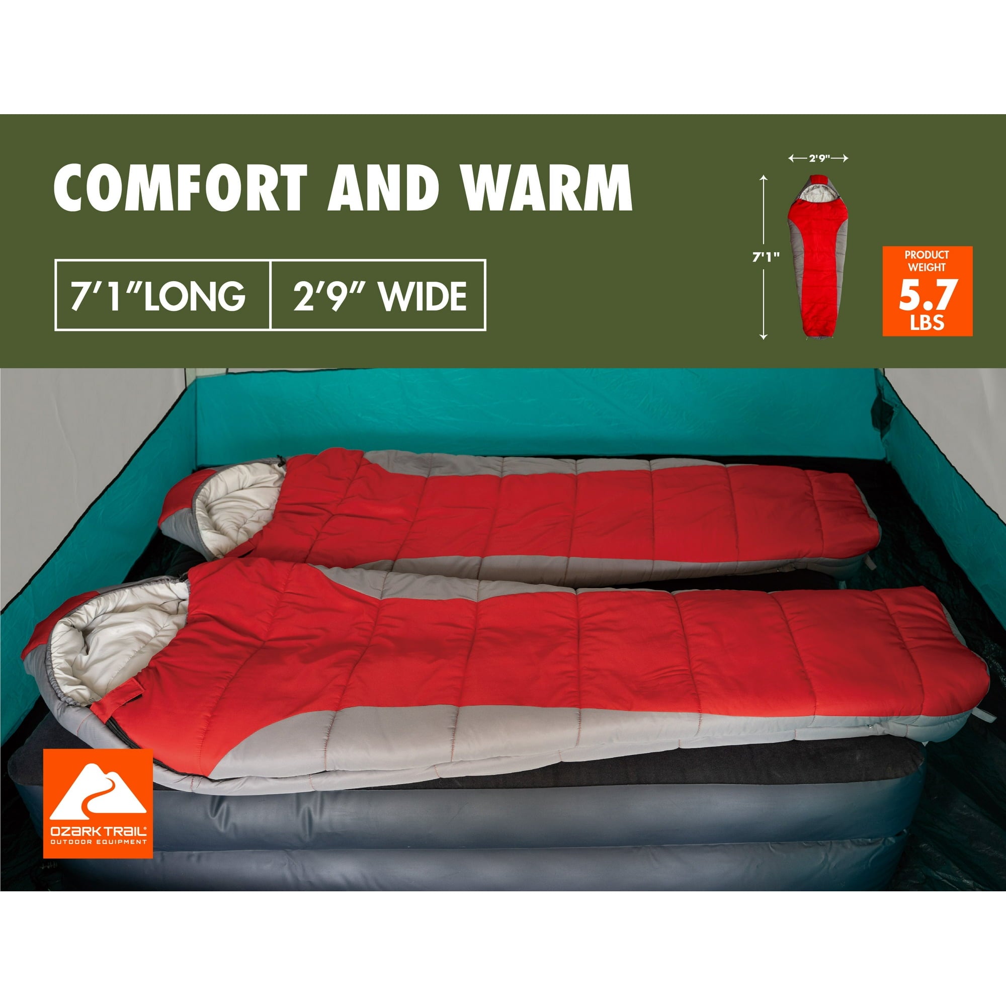 Ozark Trail 10-Degree Cold Weather Mummy Sleeping Bag, Red, 85 in x 33 in