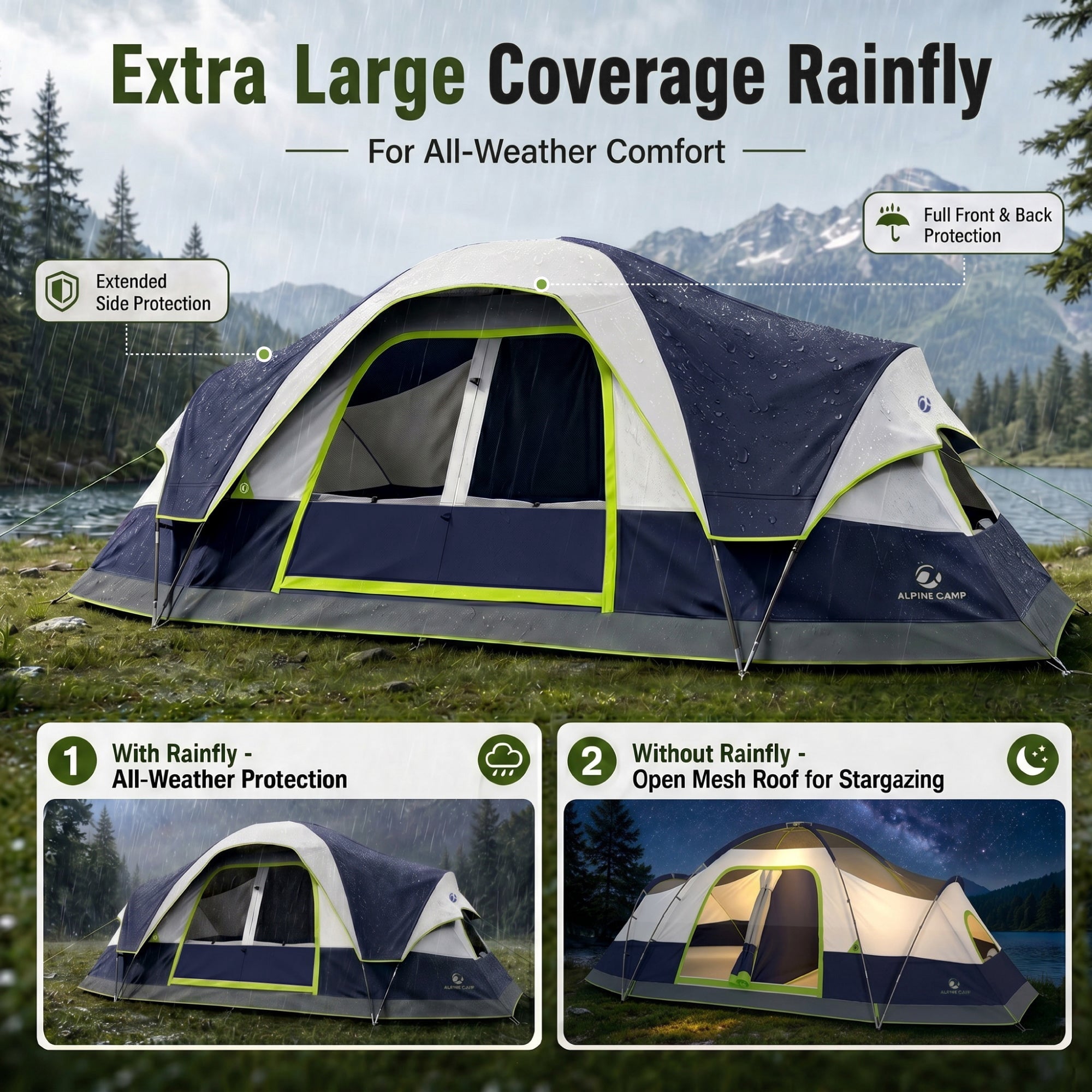 Sophia & William 10 Person Camping Tent 18x9ft Cabin Tent with Removable Divider and Mesh Screen Windows, Blue