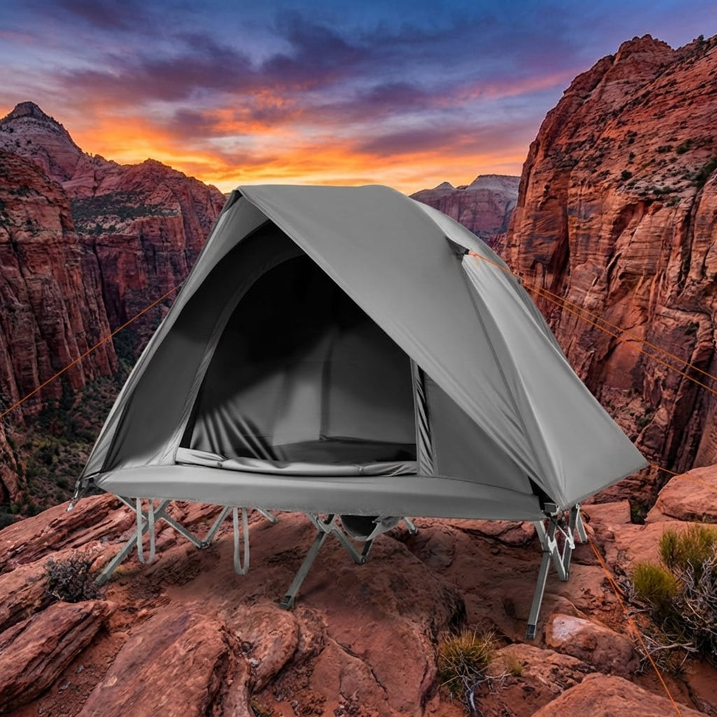 Biotree 2-Person Foldable Off-Ground Camping Cot Tent with Pop Up Shelter and Wheeled Carry Bag, Gray