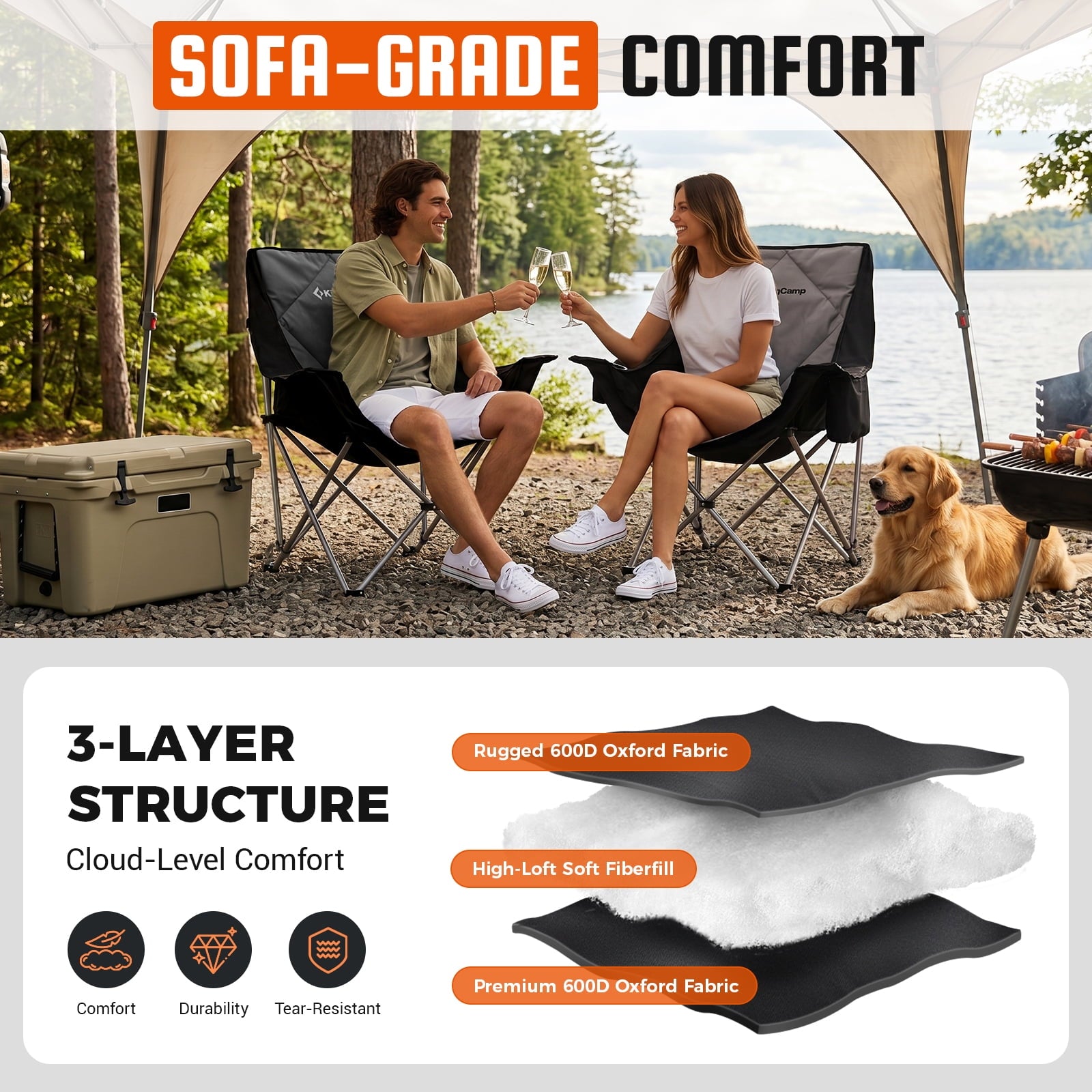 KingCamp Padded Camping Chairs for Adults, Oversized Folding Camping Chair, Heavy Duty Folding Round Camping Chair, Black Dark Grey