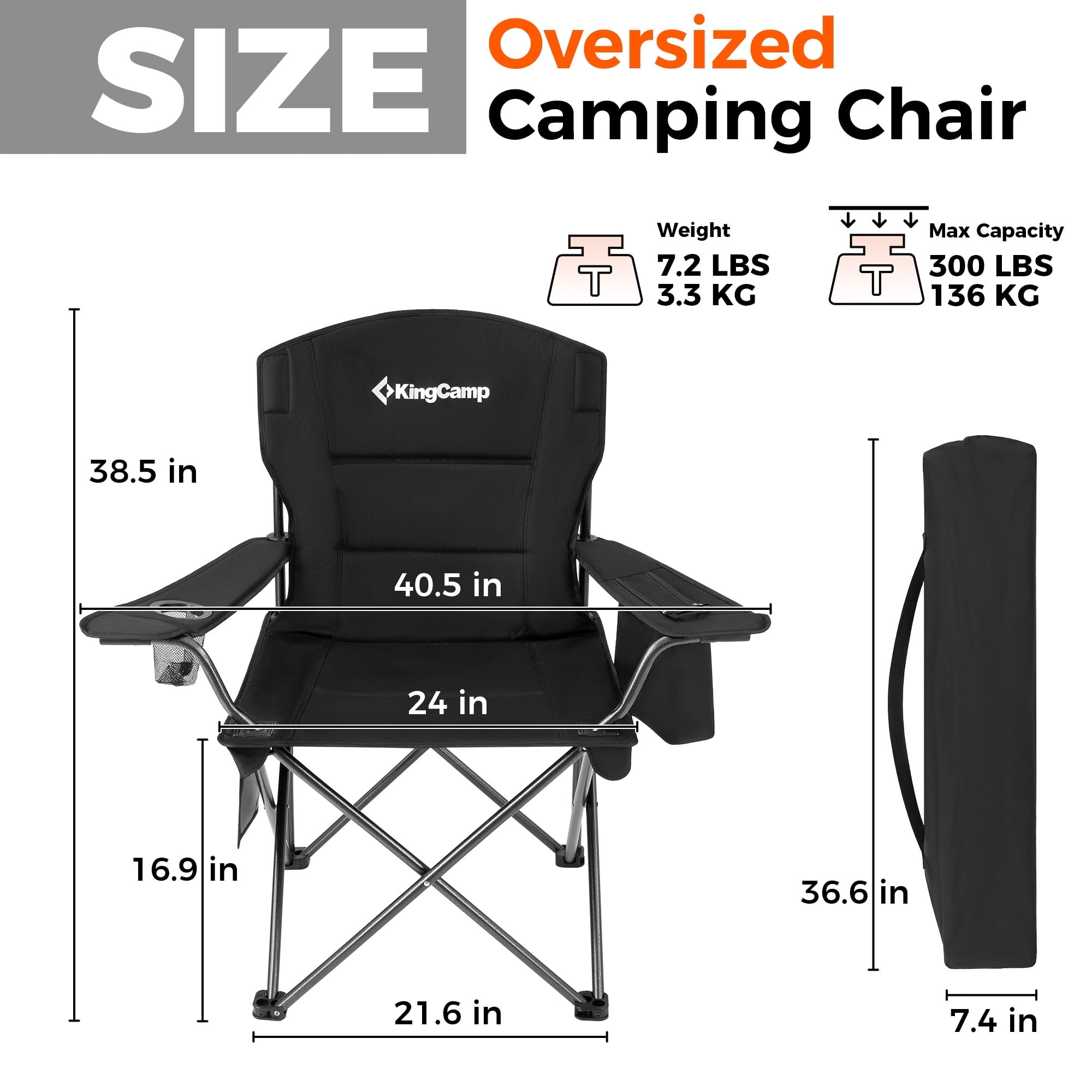 KingCamp Oversized Camping Chairs, Folding Outdoor Chair for Adults, Heavy Duty Padded Folding Lawn Chair, Support 440 lbs for Adults Black